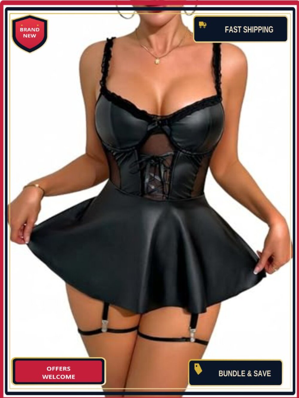 Faux Leather Lingerie Babydoll Chemise Set Corset Nightgown Clubwear